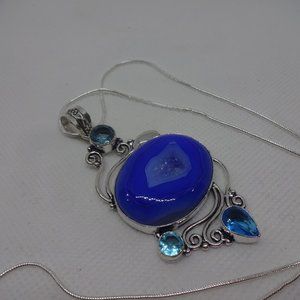 Beautiful "BLUE GEODE DRUZY & TOPAZ" Handmade Sterling Pendant on a 18" Chain